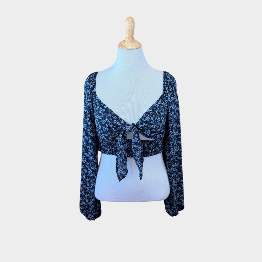 Hesperus Womens Floral Tie Front Crop Top Blue Black Long Sleeve  Large